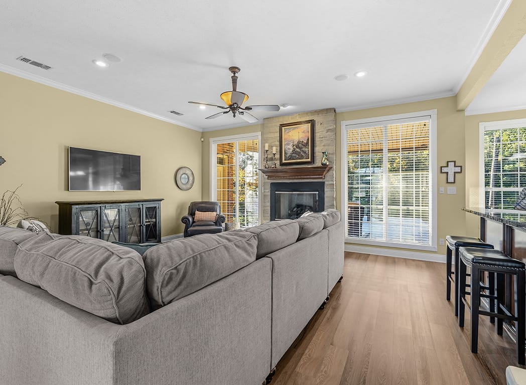 Living Room with Fireplace and Large Windows