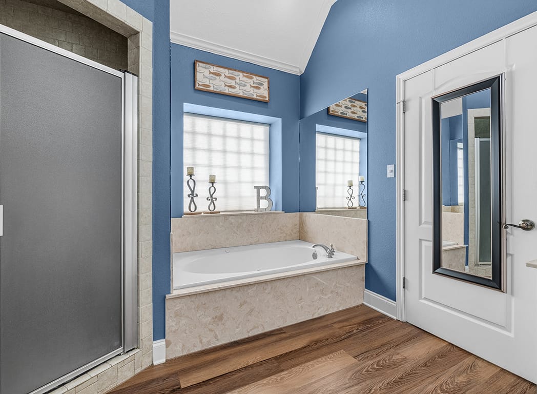 Primary bathroom shower and bathtub