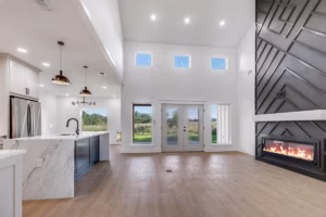 Texarkana Living Room Kitchen Island and Fireplace Accent Wall Modern Home Photography